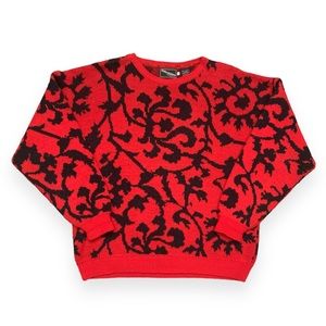 4 for $20 Vintage 1980s Boho Floral Print Red and Black Knit Pullover Sweater